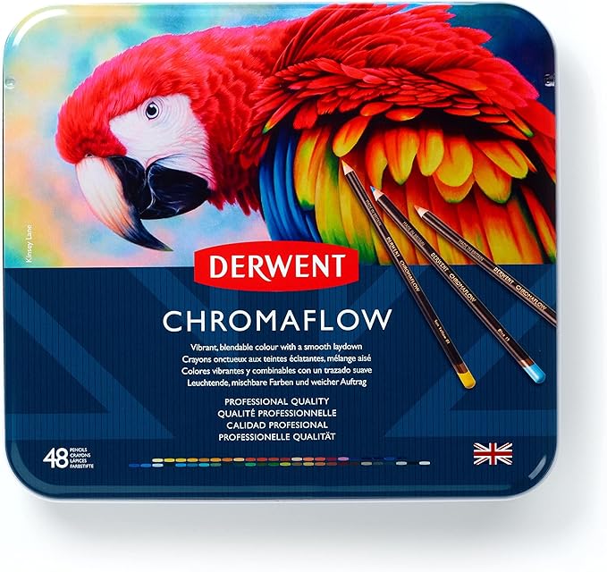Derwent Chromaflow Colored Pencils Tin, Set of 48, Great for Holiday Gifts, 4mm Wide Core, Multicolor, Smooth Texture, Art Supplies for Drawing, Blending, Sketching, Professional Quality (2306013)