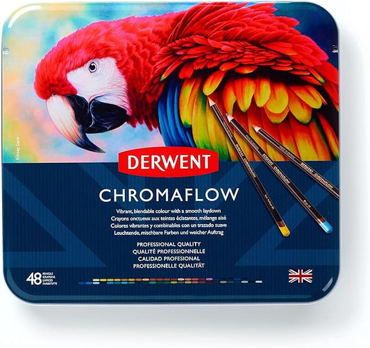 Derwent Chromaflow Colored Pencils Tin, Set of 48, Great for Holiday Gifts, 4mm Wide Core, Multicolor, Smooth Texture, Art Supplies for Drawing, Blending, Sketching, Professional Quality (2306013)