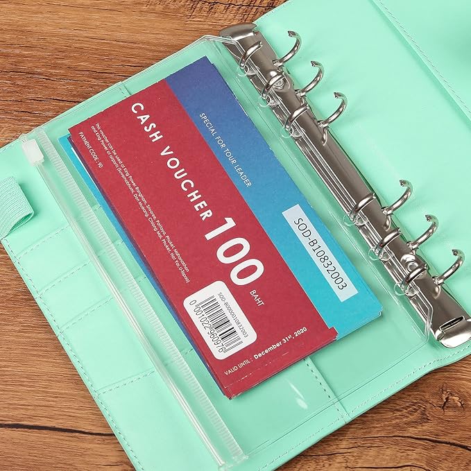 60pcs Transparent A6 Binder Pockets 6 Holes Zipper Folders PVC Card Loose Leaf Bags Cash Envelopes for Budgeting Binder Waterproof Filing Bags for 6 Ring Notebook Planner Inserts