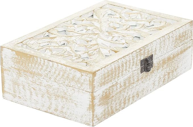 Deco 79 Mango Wood Floral Handmade Decorative Box Decorative Keepsake Boxes with Hinged Lid, Set of 3 Storage Boxes 8", 10", 12"W, White