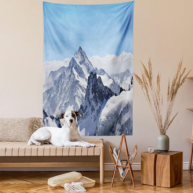 Ambesonne Winter Tapestry, Snowy Rocky Mountain Peaks Tops Scene High Lands ICY Frozen Swiss Outdoor Art, Wall Hanging for Bedroom Living Room Dorm Decor, 60" X 80", Blue and White