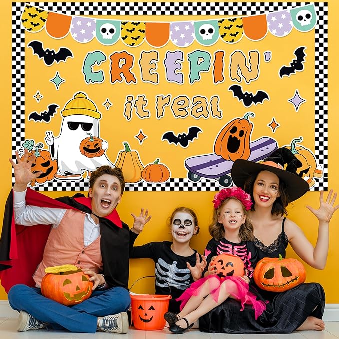Halloween Bulletin Board Decorations Cute Ghost Pumpkin Bat Bulletin Board Set Spooky Funny Creepin' It Real Paper Cutouts for Halloween Holiday School Classroom Home Wall Decor Supplies
