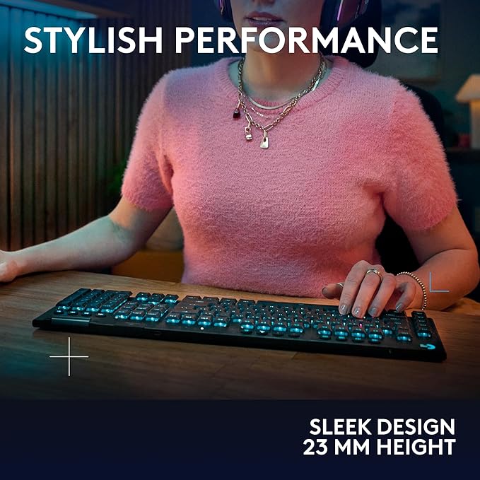Logitech G915 X Lightspeed Low-Profile Wireless Gaming Keyboard, Double-Shot PBT Keycaps, Fully Programmable Keys, RGB Backlighting, Sleek Aluminum Finishing, GL Blue Clicky Switches - PC/Mac - Black