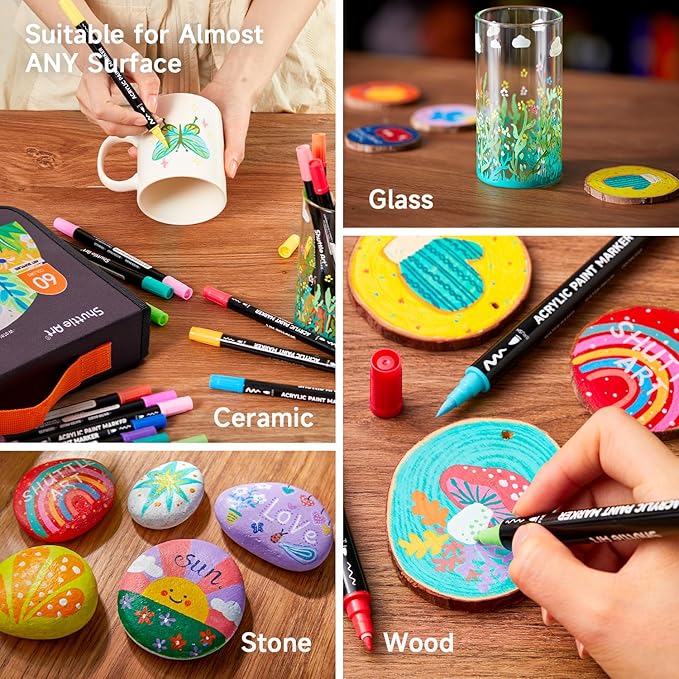 Shuttle Art 60 Colors Dual Tip Acrylic Paint Markers, Brush Tip and Fine Tip Acrylic Paint Pens for Rock, Ceramic, Wood, Canvas, Plastic, Glass, Stone, Calligraphy, Card Making, Crafts & Nail Art