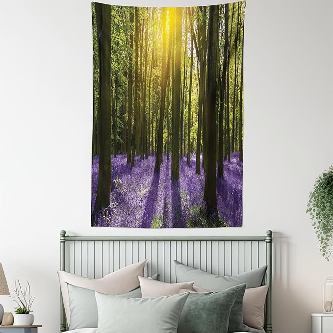 Ambesonne Woodland Tapestry, Sunbeams in the Forest of Bluebells Blooms Deep in Woodland Oxfordshire, Fabric Wall Hanging Decor for Bedroom Living Room Dorm, 30" X 45", Violet Green Yellow