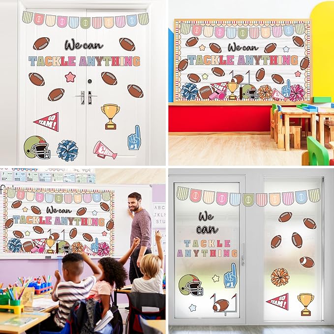 Spring Sports Football Bulletin Board Set Classroom Decorations We Can Tackle Anything Inspirational Bulletin Board Football Theme Cutouts for School Office Chalkboard Whiteboard Wall Window Decor