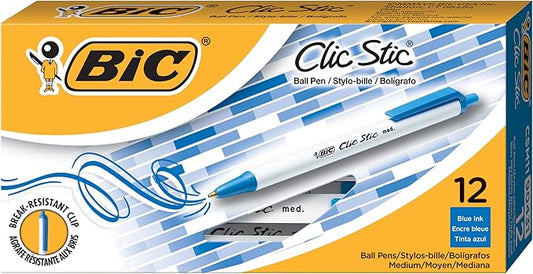 BIC Clic Stic Blue Retractable Ballpoint Pens, Medium Point (1.0mm), 12-Count Pack, Round Barrel Design for Comfortable Writing
