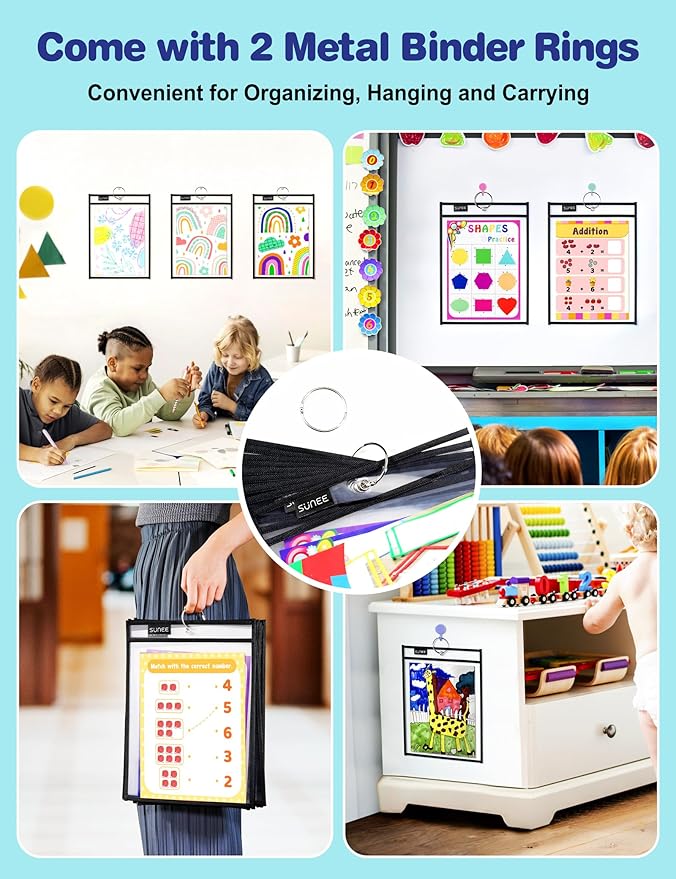 SUNEE 30 Packs Oversized Reusable Dry Erase Pocket Sleeves with 2 Rings, Black 10x14 Ticket Holders, Clear Plastic Sheet Protectors, Teacher School Classroom Supplies
