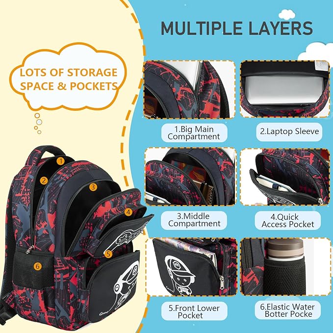 Boys Backpack with Lunch Box Glow in Dark Gamer Bookbag Kids Ages 4-12 Kindergarten Elementary Middle School Gaming Backpack, Luminous Game Boy Black Red