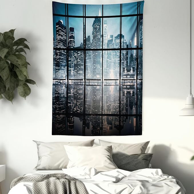 Ambesonne Modern Tapestry, Modern New York City Scenery at Night with Skyscrapers Buildings Print, Fabric Wall Hanging Decor for Bedroom Living Room Dorm, 30" X 45", Black Blue