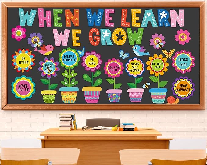 82Pcs Spring Themed Flower Growth Mindset Bulletin Board Set Classroom Decorations When We Learn We Grow Floral Cutouts Positive Sayings Colorful Flower Cutouts for Kids School Offices Supplies