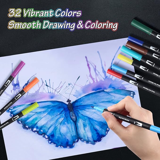 Art Markers Brush Pen, Markers for Adult Coloring Books No Bleeding,32 Colored Pens Fine Point Highlighter Pen & Brush for Adult Coloring Journaling Note Taking Planner