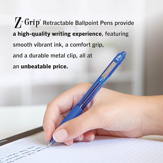 Zebra Pen Z-Grip Retractable Ballpoint Pen, Smooth-Flowing Blue Ink, 1.0mm Medium Point, School & Office Supplies, Ideal for Note-Taking, Journal and Planner Use, 36-Pack (25236)