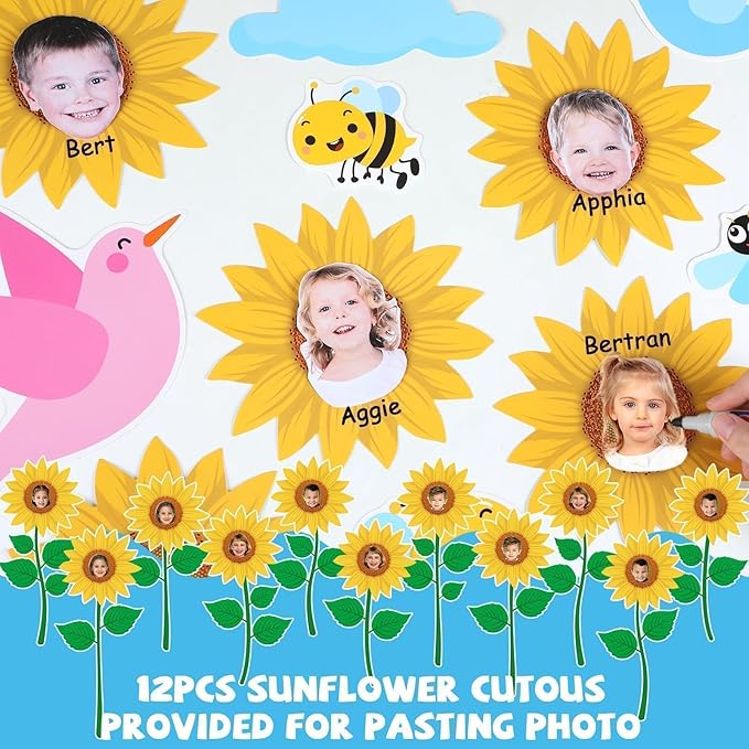 Fall Sunflower Bulletin Board Decorations Sunflower Paper Cutouts for Posting Photo Motivational Quotes Cutouts with Black Plaid Borders for School Classroom Chalkboard Wall Decor Supplies