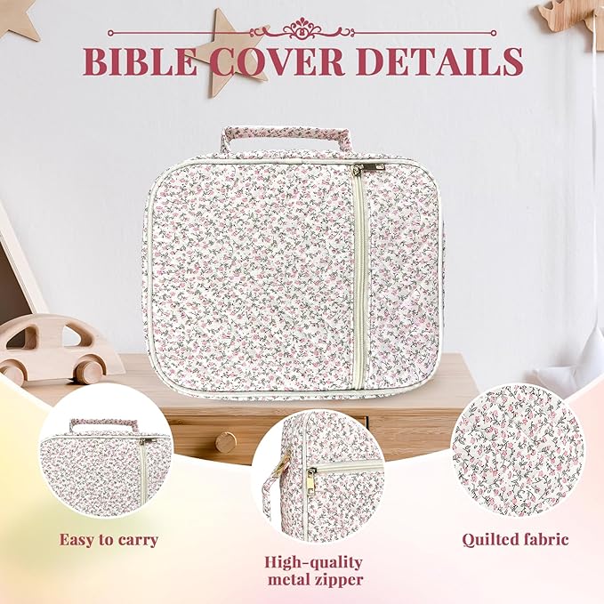 Bible Cover Case for Women,Bible Study Supplies Accessories,Bible Journaling Kit,Pink Flower Carrying Case with Highlighters
