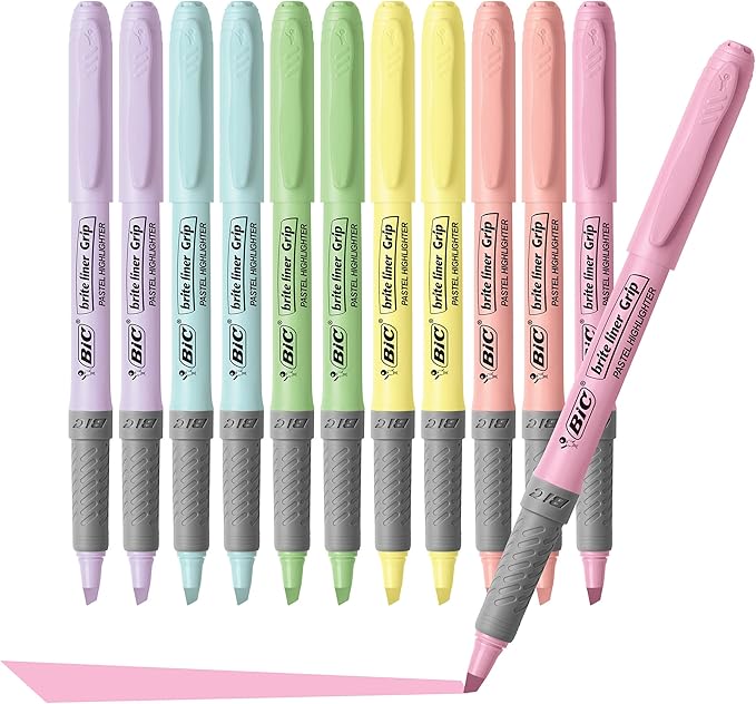 BIC Brite Liner Grip Pastel Highlighter Set, Chisel Tip for Fine and Broad Lines, 12-Count Pack in Assorted Colors