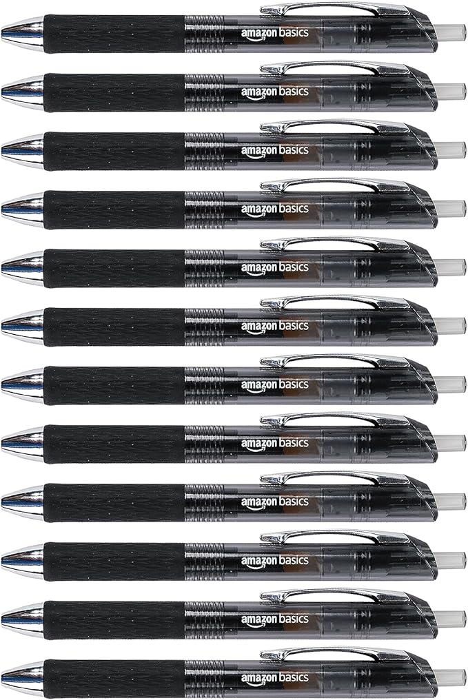 Amazon Basics Retractable Gel Pens, Fine Point 0.7mm, Smooth Writing, Black, No Smudge, School and Office Supplies, 12-Pack