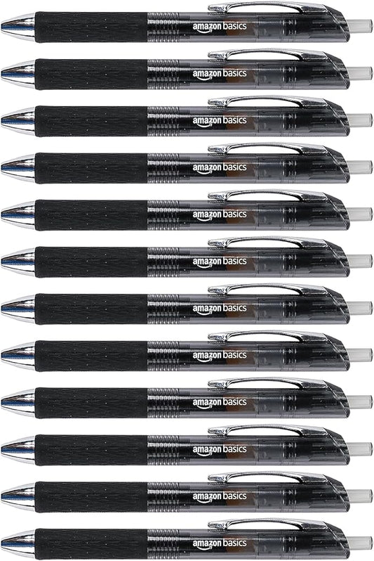 Amazon Basics Retractable Gel Pens, Fine Point 0.7mm, Smooth Writing, Black, No Smudge, School and Office Supplies, 12-Pack