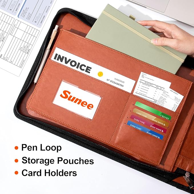 SUNEE Zippered Business Checkbook Binder 7 Ring 1 Inch with Zipper for Business Checks (9" x 13"), PU Leather Check Binder Holds 600 Checks Capacity for Executive Supplies, Brown