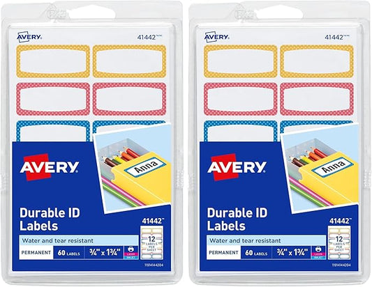 Avery Durable Labels for Kids' Gear,3/4" x 1-3/4",Assorted Border Colors,Water-Resistant Labels,60 Total (41442),(Pack of 2)