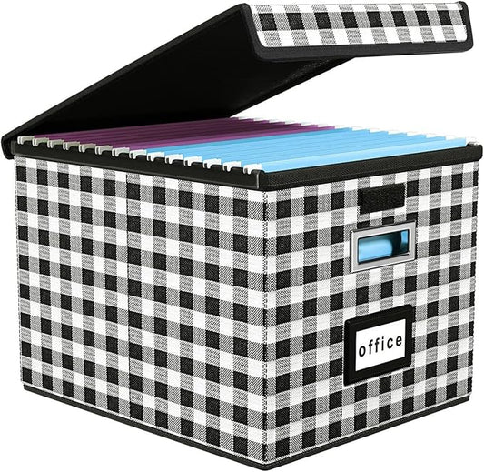 Huolewa File Organizer Box with Lid, Collapsible File Folder Organizer for Office Document Storage, Filing Box with Plastic Slide for Letter Size Hanging File Folders(1 Pack, Black & White Lattice)