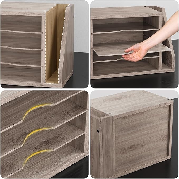 File Organizer Desktop, Wood Desk Organizer with 3 Adjustable Shelves, Mail Paper Sorter for Office, Home, File Holders for Envelopes, Mail Supplies or Magazines, Greige