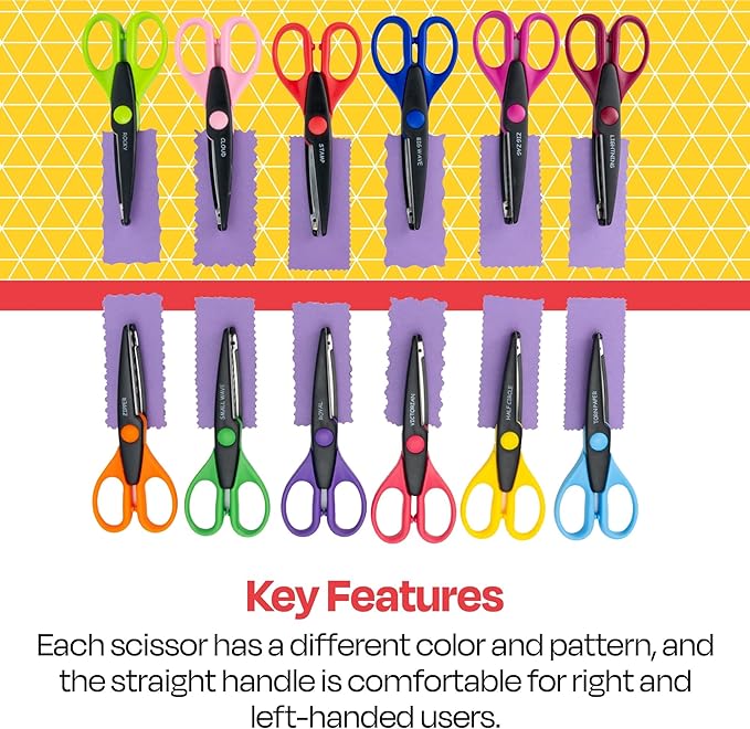 School Smart Paper Edger Scissors, 6-1/2 x 2-1/2 Inches, Assorted Colors, Set of 12