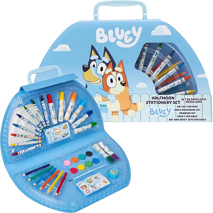 Bluey Colored Pencils Art Supplies for Boys Girls Drawing Kit Painting School Supplies Art Kit Travel Case Gifts for Kids (Blue Halfmoon Case)