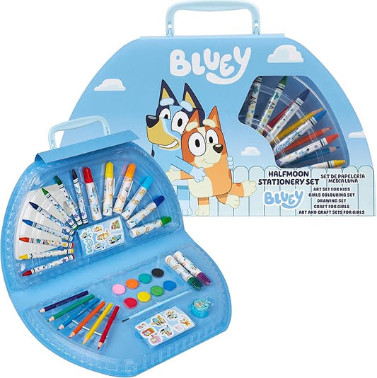 Bluey Colored Pencils Art Supplies for Boys Girls Drawing Kit Painting School Supplies Art Kit Travel Case Gifts for Kids (Blue Halfmoon Case)