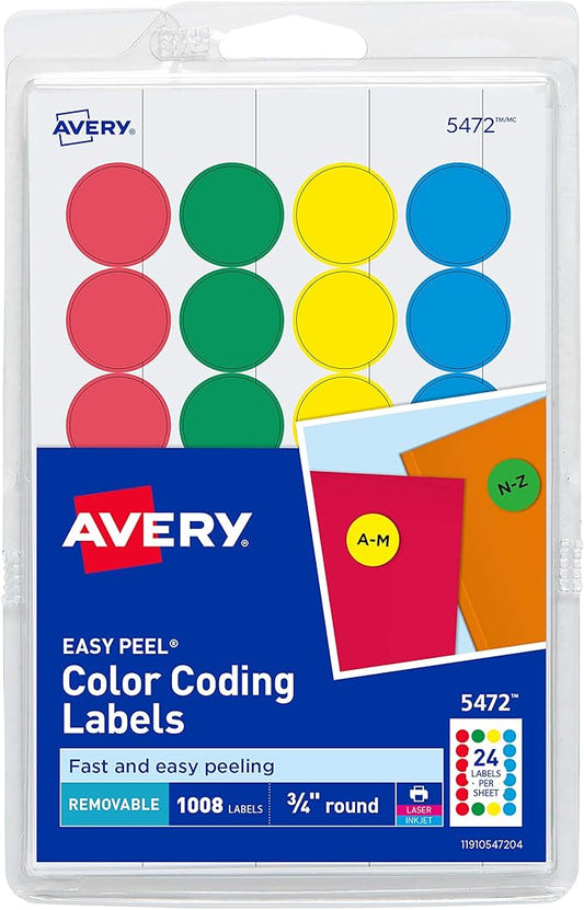 Avery Assorted Color-Coding Labels, Removable, 3/4" Diameter, 1008 Labels/Pack, Case Pack of 18 (5472)