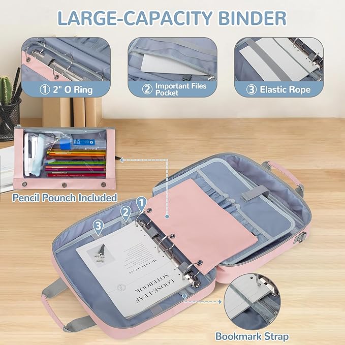 Yarwo 3 Ring Zipper Binder with Binder Pouch, Expanding File Organizer with Padded Sleeve Fit for 14 Inch Laptop, Portable Document Organizer Bag for Home, College, Office Supplies, Pink