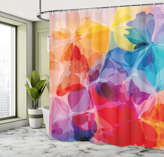 Ambesonne Floral Shower Curtain, Vibrant Colors Abstract Creative Watercolor Style Flower Pattern Design, Cloth Fabric Bathroom Decor Set with Hooks, 69" W x 84" L, Multicolor Vermilion Apricot