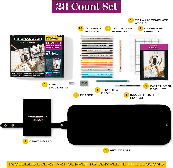 Prismacolor Technique, Art Supplies and Digital Art Lessons, Animal Drawings Set, Level 3, Includes Artist Roll Case, Dog, Cat & Pet Lesson, 28 Count