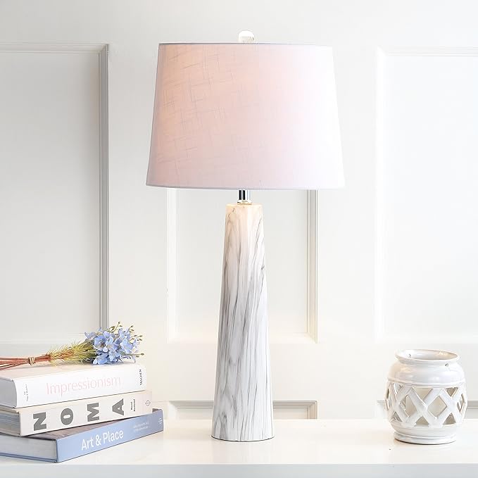 JONATHAN Y 29" White/Black Faux Marble Resin Table Lamp, Modern Glam Bedside Nightstand Lamp for Living Room, White Linen Drum Shade, UL Listed, LED Bulb Included JYL1002A