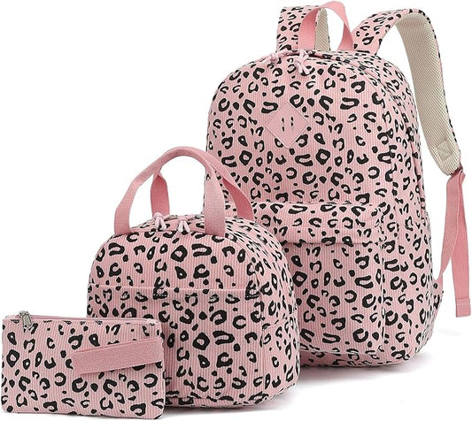 Corduroy Girls Backpack Set, 3PCS School Backpacks for Kids Elementary Middle School Bags with Lunch Box Pencil Case (Pink Corduroy Leopard)