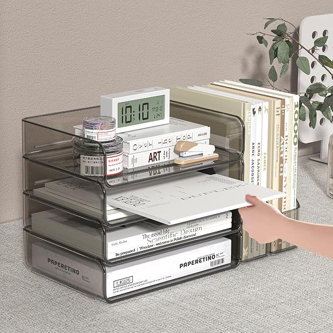 Acrylic Paper Organizer with Movable Bookends, 4-Tier Stackable Paper Tray for Desk, Brown Clear File & Letter Tray Organizer Office