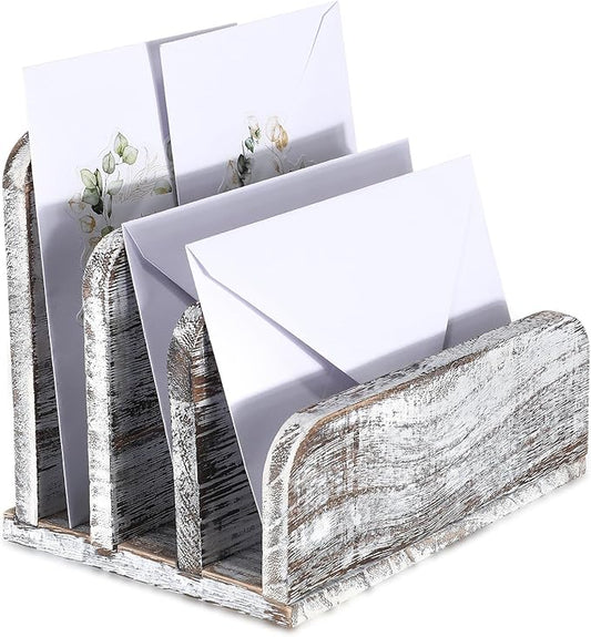 Wooden Mail Holder 3 Slots Mail Organizer for Desk Wood File Paper Letter Sorter for Letter Envelope Filing Cell Phone Document Storage, Organizer Tray for Office and Home (Old White)