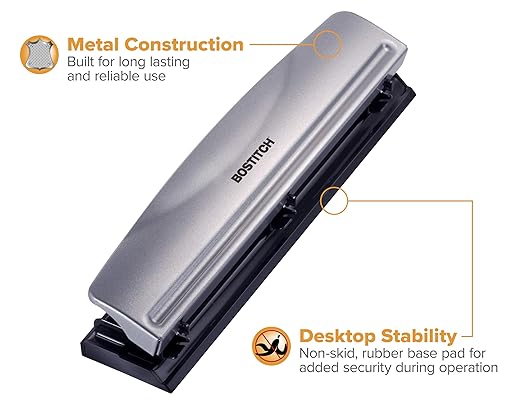 Bostitch Office Premium 3 Hole Punch, 12 Sheet Capacity, Metal, Rubber Base, Easy-Clean Tray, Silver, 2-Pack