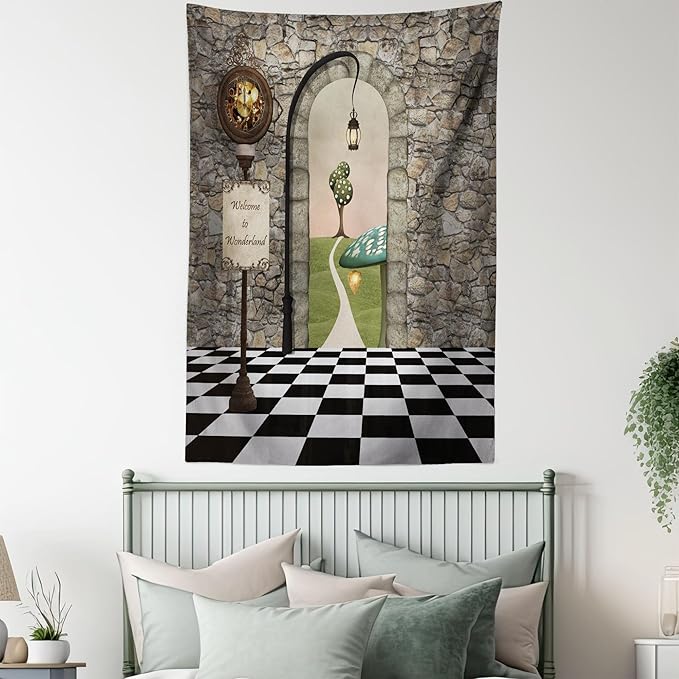 Ambesonne Alice in Wonderland Tapestry, Welcome Wonderland Black and White Floor Landscape Mushroom Print, Wall Hanging for Bedroom Living Room Dorm Decor, 40" X 60", Stone Black