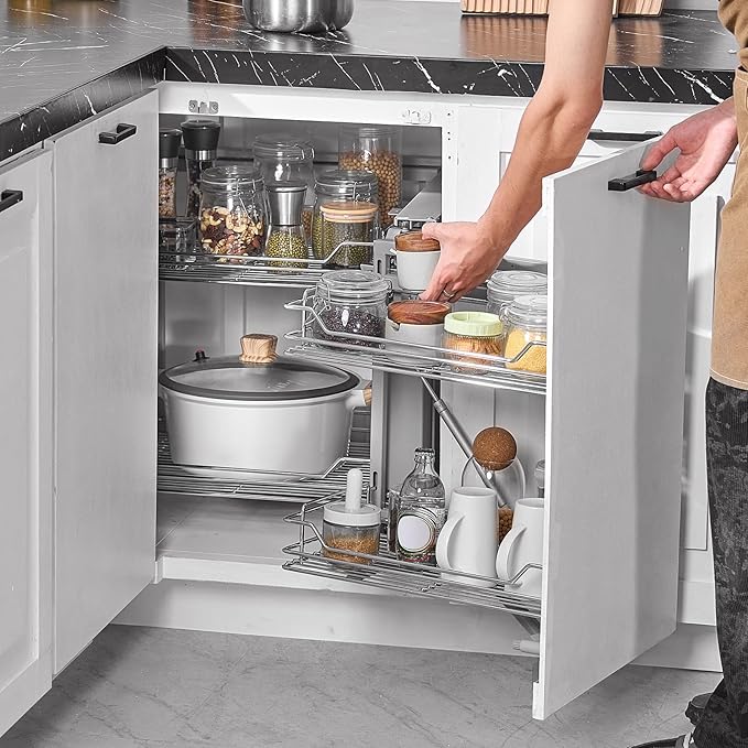 VEVOR 18" W Opening Blind Corner Pull Out Organizer, 2 Tier 4 Shelf Kitchen Cabinet Organizer, Magic Chrome Carbon Steel Storage Basket, Slide Out Storage Organizer, Left & Right Open Compatible
