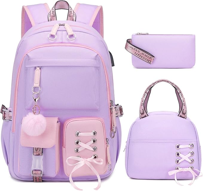 Backpacks for Girls, Girls Backpack with Lunch Box and Pencil Case for Teen Kids Elementary Middle High School College Student, Children Backpack Bookbag with USB Charging Port (Pink Purple)
