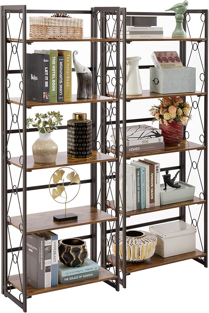 VECELO Folding Bookshelf, 5-Tier Foldable Bookcase Easy Assembly, Industrial Tall Book Shelf Storage Organizer for Living Room/Home Office