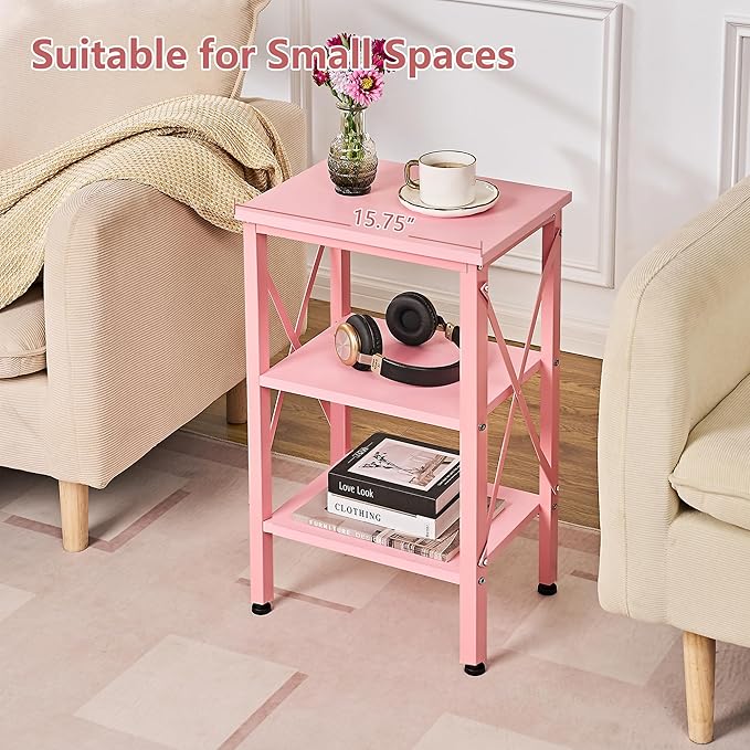 VECELO End Table Set of 2, Bedside Table, 24" Tall Living Room End Tables, X-Design Reinforced Nightstands, Side Table with 3-Tier Storage Shelves for Small Spaces, Office, Bedroom, Pink