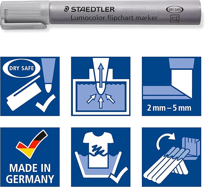STAEDTLER Lumocolor Flipchart Marker: Set of 8, Assorted Colors, Bullet Tip 2.0mm & Chisel Tip 5.0mm - Ideal for Paper, Non-Bleed, Quick Dry & Low-Odor - For Home, School & Office