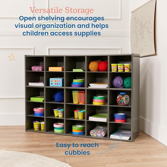 ECR4Kids Streamline 25 Cubby Tray Storage Cabinet, 5x5, Classroom Furniture, Grey Wash