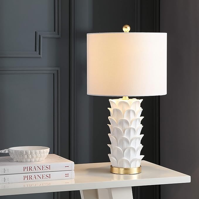 SAFAVIEH Lighting Collection Nico White/ Gold Leaf 25-inch Bedroom Living Room Home Office Desk Nightstand Table Lamp Set of 2 (LED Bulbs Included)