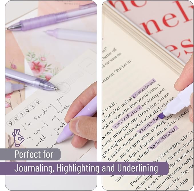 Mr. Pen- Gel Pen Set, 12 Pack, Pastel Purple Barrels, 1 x Aesthetic Highlighter, 0.5mm Purple Pens with Black Ink