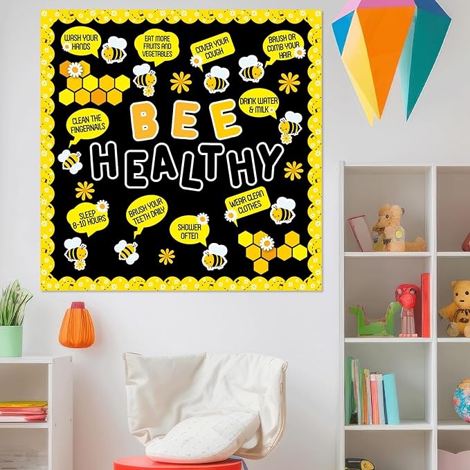 Bee Bulletin Board Decorations Set Spring Beneficial Habits Bulletin Board Bee Healthy Daisy Paper Cutouts for Classroom Back to School Home Office Teacher Chalkboard Wall Door Decor Supplies