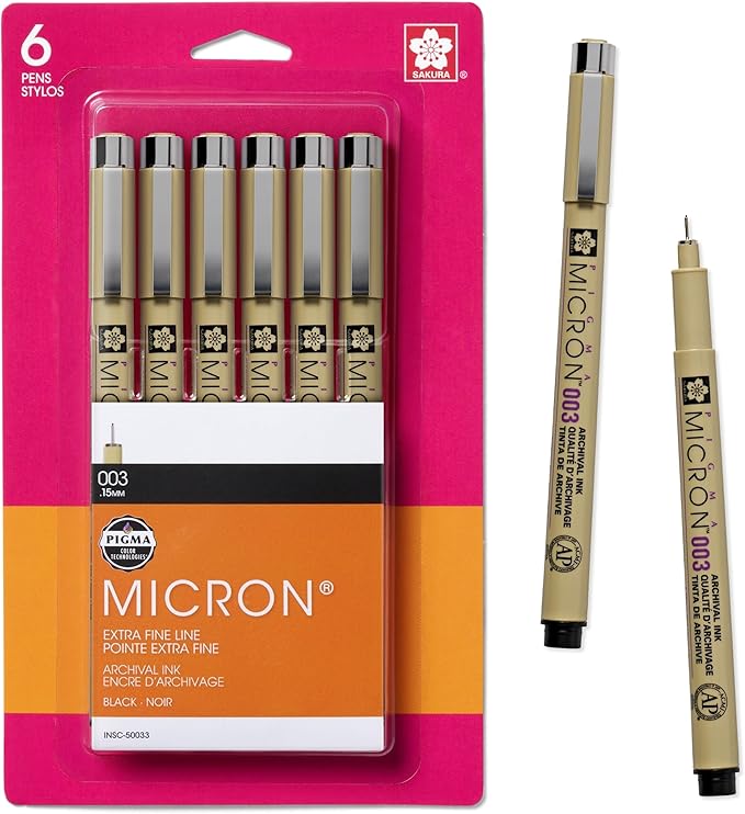 SAKURA Pigma Micron Fineliner Pens, 003 Tip Size, Archival Black Ink, 6PK 50033