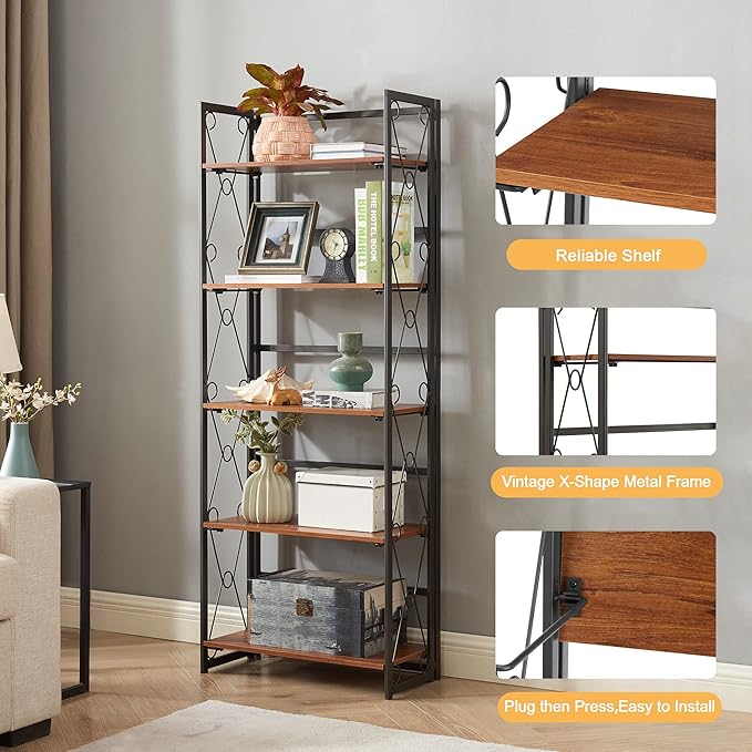 VECELO Folding Bookshelf,5 Tier Bookcase Foldable Easy Assembly, Industrial Book Shelf Storage Organizer with X Metal Frame and Anti-Toppling Design,1 Set